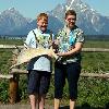Samuel and Julia examining heavy moose antler at Jackson Lake Lodge