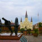 View of Jackson Square and St. Louis Cathedral from river walk area