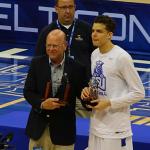 Commissioner Karl Benson presents first team Sun Belt and MVP trophies to R.J. Hunter