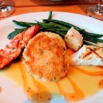 Apple wood smoked coho salmon, Alaska halibut and Northwest crab cake, caramelized pineapple beurre blanc, sweet chili sauce, Yukon Gold mashed potatoes at Ivar's Mukilteo Landing, July 5, 2014
