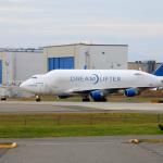 Boeing DreamLifter (modified 747 for transporting airplane sections from other plants in US and abroad)  arrives at Paine Field at the Mukilteo Boeing assembly plant, July 6, 2014