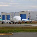 DreamLifter turns toward its operations center adjacent to Future of Flight Museum, July 6, 2014