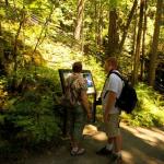 Julia and Sam check information in gardens at Seattle City Light power plant in Newhalem in North Cascades National Park, July 7, 2014