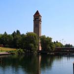 Railroad terminal tower from demolished Spokane station moved to Riverfront Park, July 11, 2014