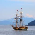 Tall ship in Anacortes strait with Mount Baker in background, July 12, 2014